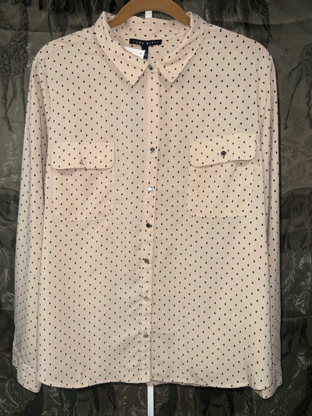 Como Black Cream Long-Sleeve Button-Down Blouse with Black Dot Print